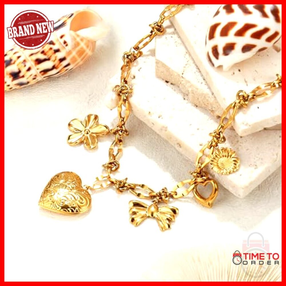 18K Gold-Plated Heart Pendant Necklace with Removable Charms, Adjustable Chain - Picture 4 of 7